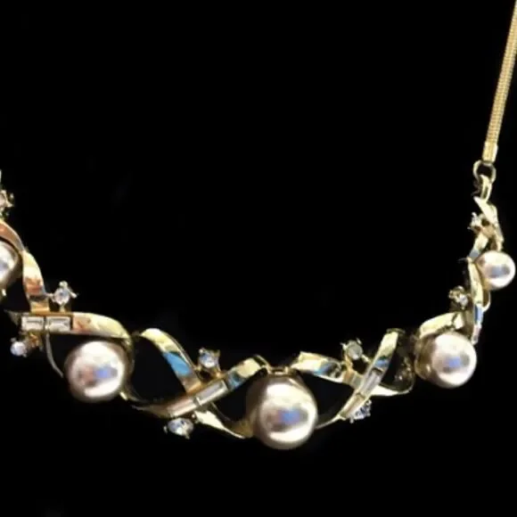 Vtg Corocraft gold pearl rhinestone 14" necklace - Picture 2 of 11
